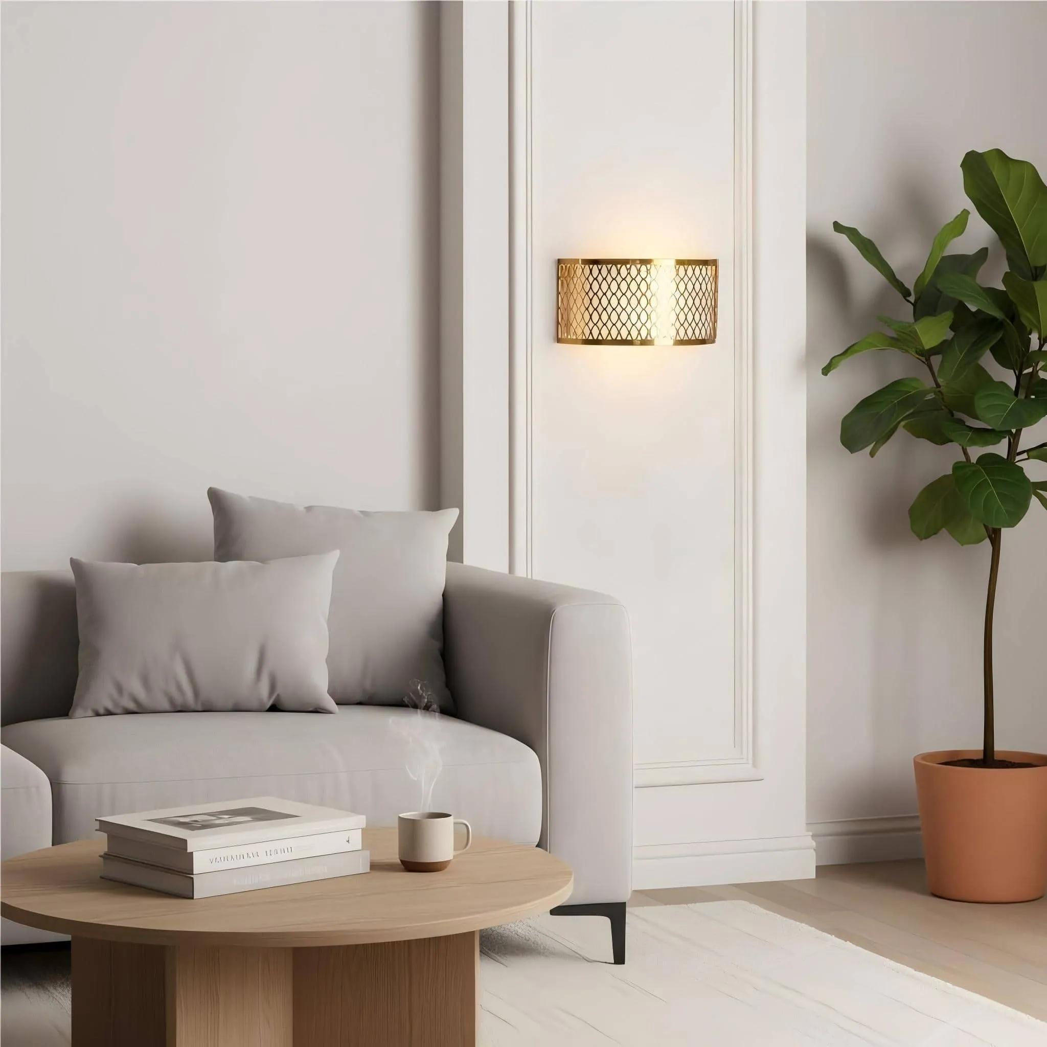 Liorin Fretwork Wall Light - Modern Curved Metal and Fabric Shade Sconce for Hallway or Bedroom KL1949