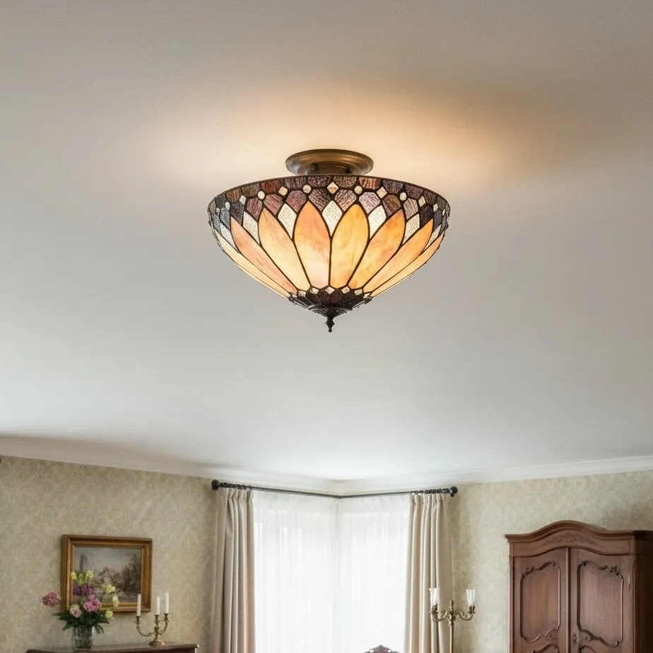 TF Brooklyn Tiffany Semi-flush Ceiling Light - Geometric Glass Shade for Hallways or Living Rooms KL2000