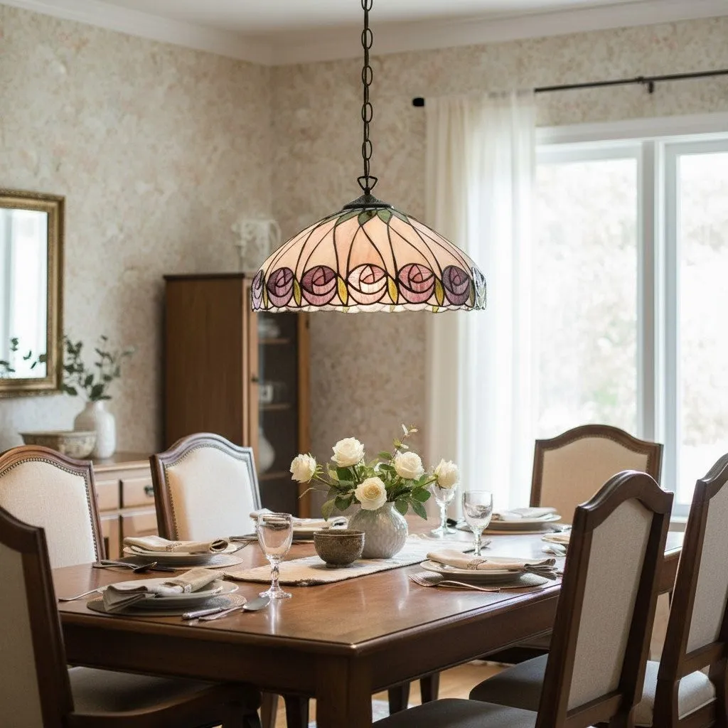 TF Hutchinson Tiffany Glass Pendant Light with Artistic Mosaic Design for Dining and Living Spaces KL1908