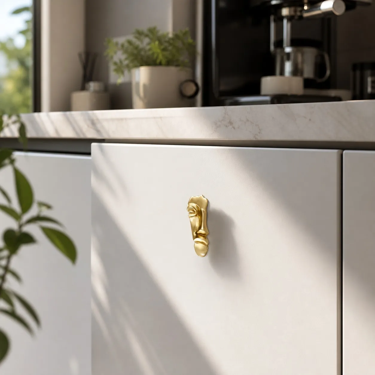 Abstract brass face cabinet knob on white kitchen cabinetry
