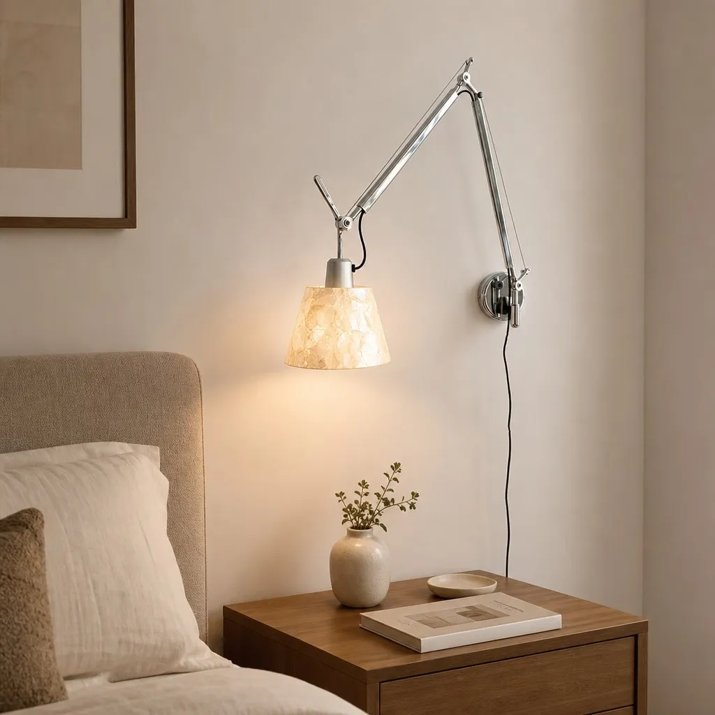 Lunavera Modern Capiz Shell or Fabric Shade Adjustable Arm Wall Lamp for Bedroom A20