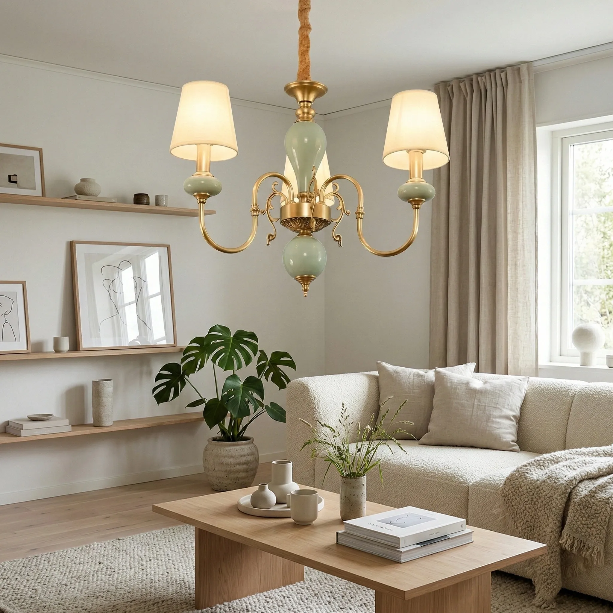 Altoris Branch Chandelier with Fabric Shades - Brass Ceramic Chandelier for Living Room KL2290