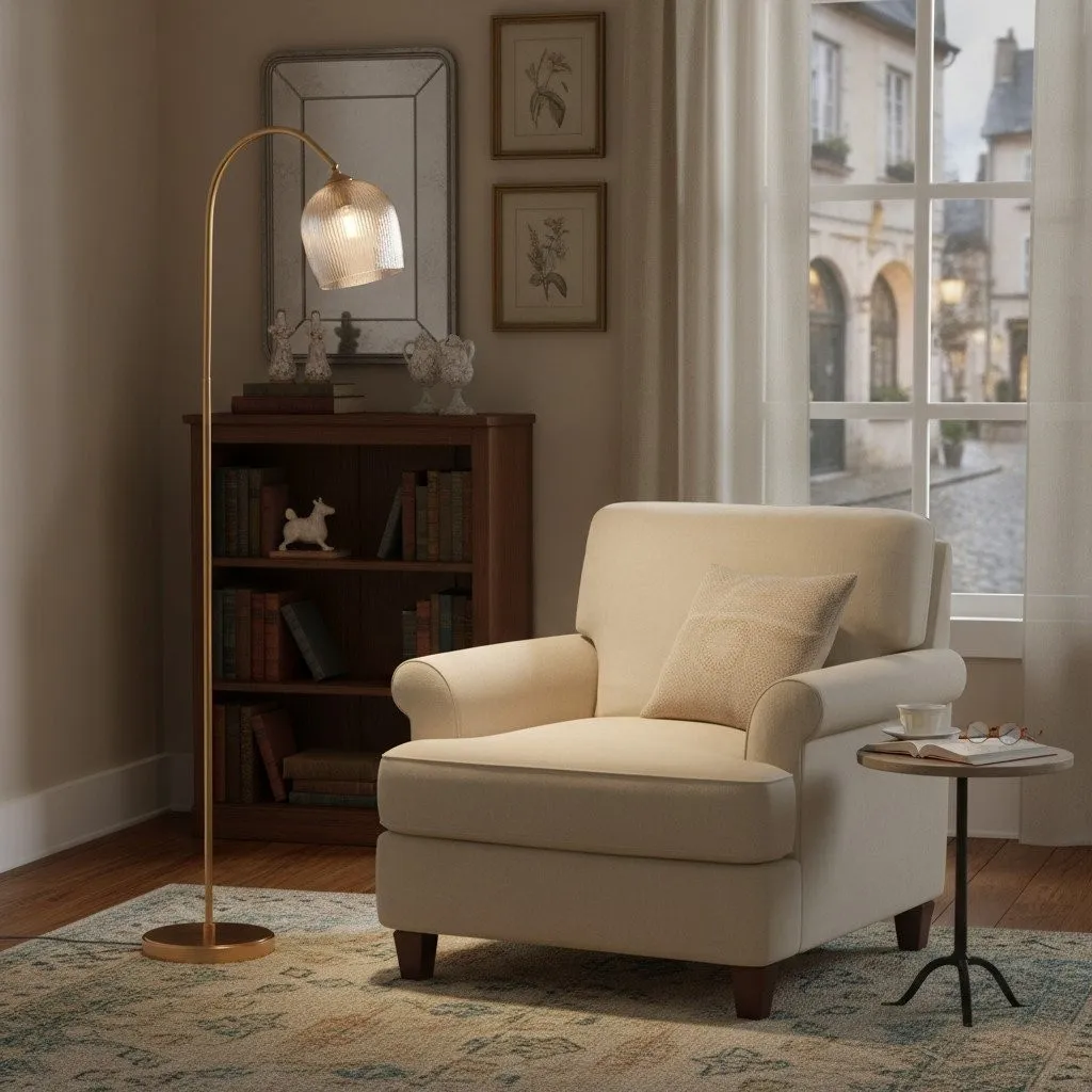 Brazara Adjustable Glass Shade Floor Lamp - Curved Metal Stem for Living Spaces KL1848