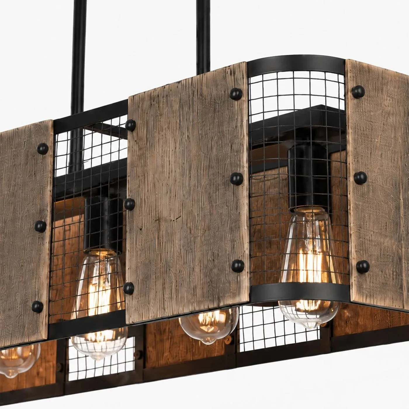 Close view of five-light frame with wood panels and iron guard