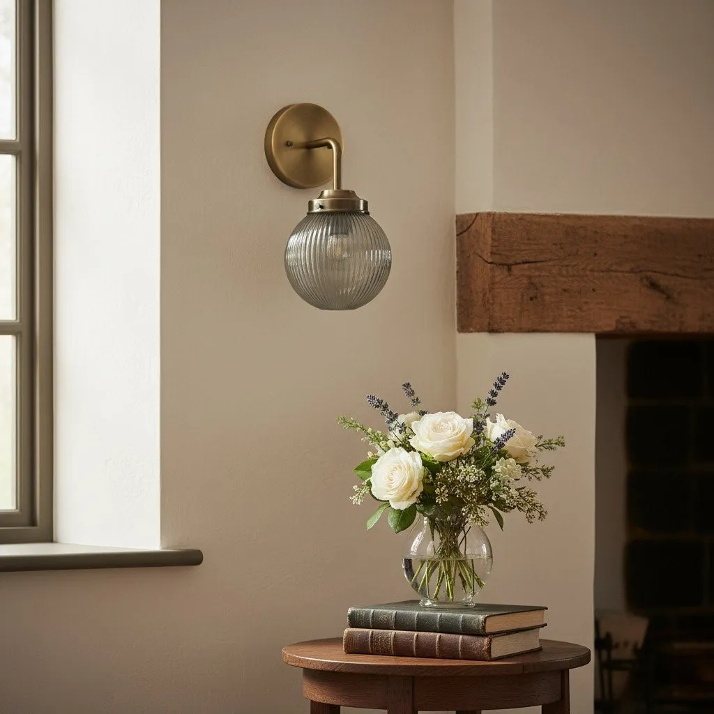 Glorica Glass Aged Brass Wall Sconce - Ribbed Glass Shade Industrial Style Lighting KL1518