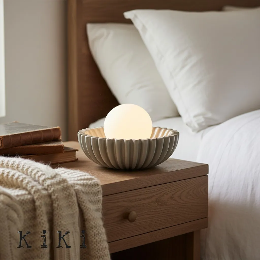 Sculptural Ceramic Table Lamp – Ceramic Shell Form with Milky Glass Orb KL1595