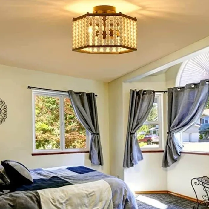 Rustic Hexagonal Wood Bead Ceiling Light KL92