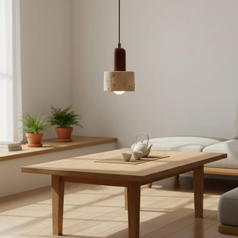 WabiLum Minimalist Japanese Travertine Wood Pendant Light - Elegant Home Lighting for Bedroom KL2241
