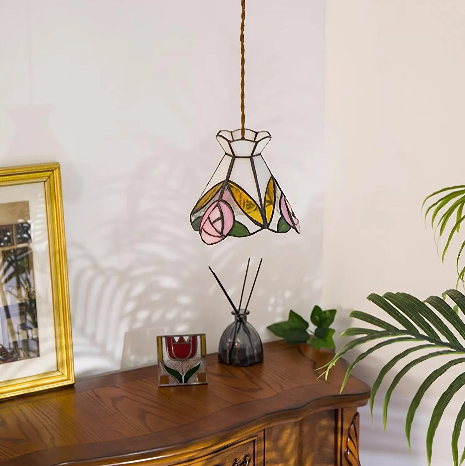 French Retro Rose Stained Glass Pendant Lamp KL690