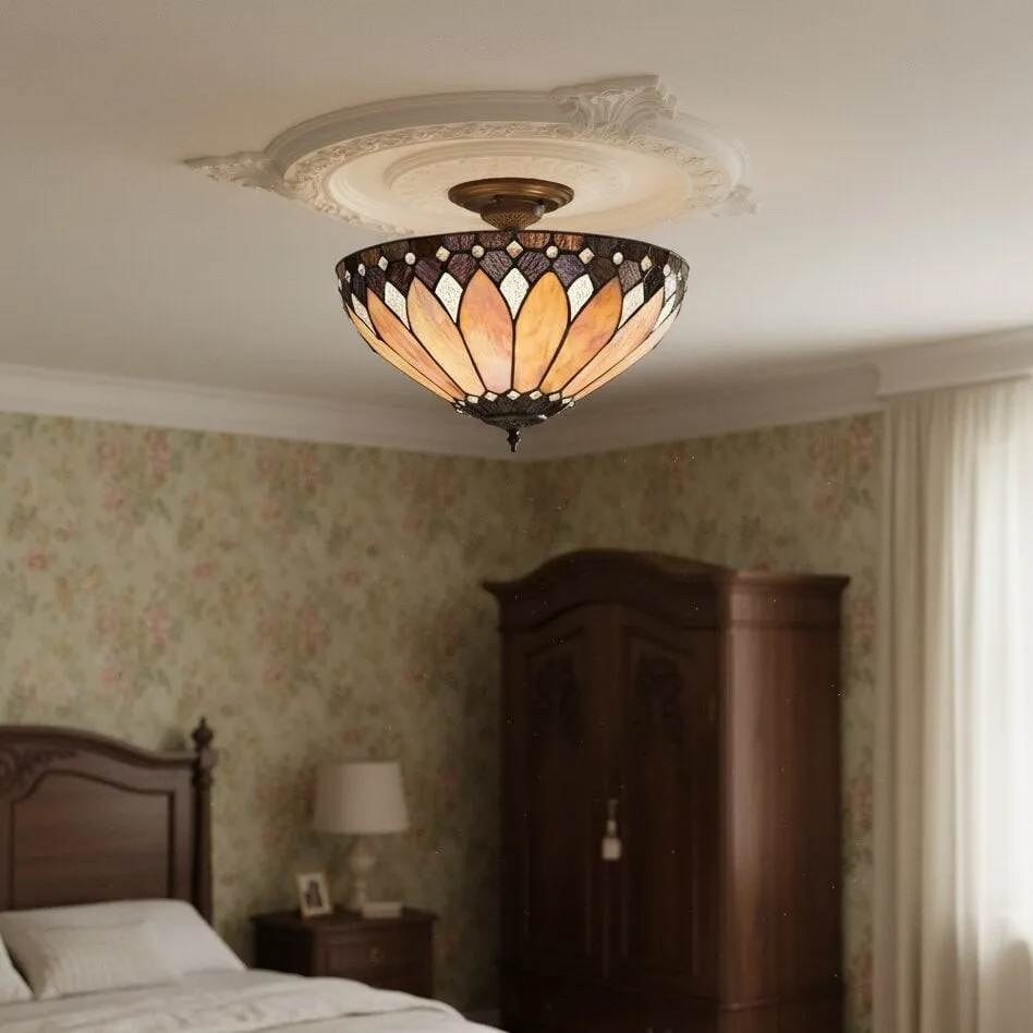 TF Brooklyn Tiffany Semi-flush Ceiling Light - Geometric Glass Shade for Hallways or Living Rooms KL2000