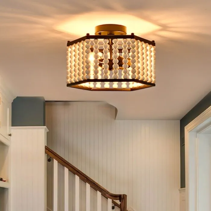 Rustic Hexagonal Wood Bead Ceiling Light KL92