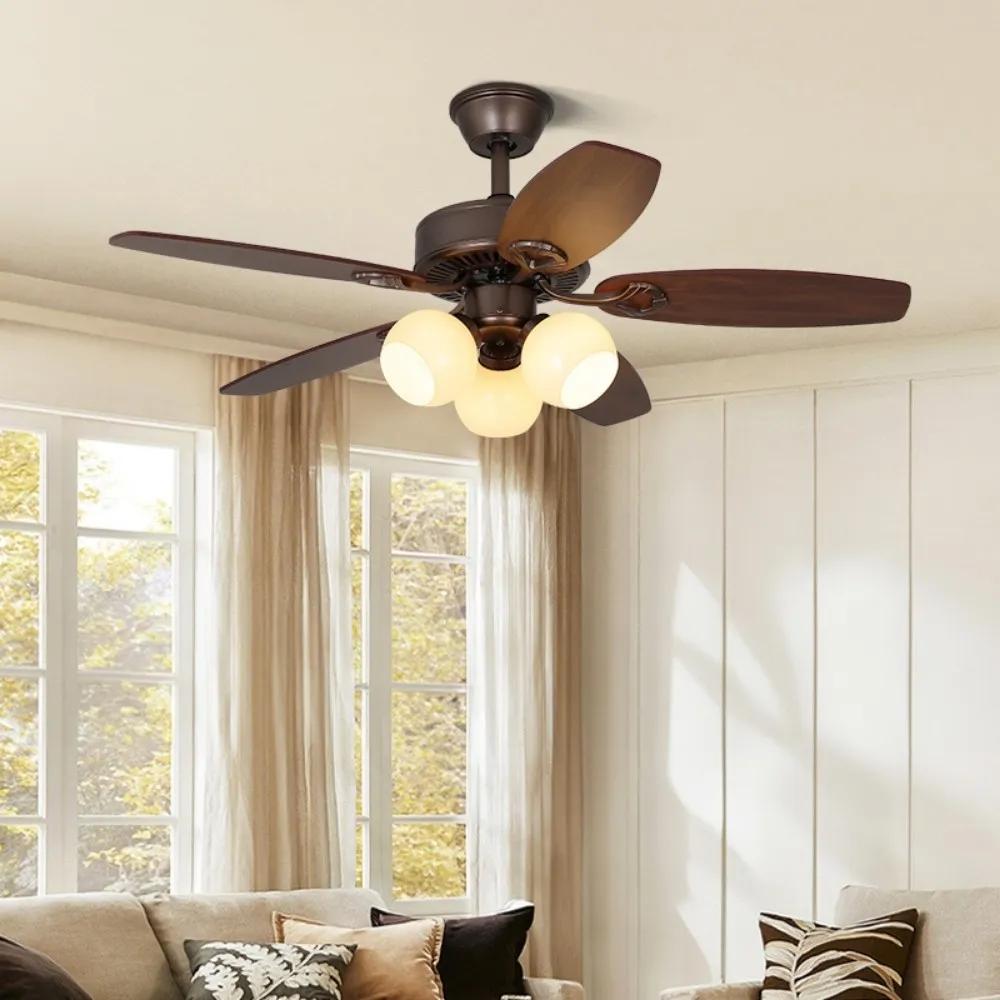 Vintage Wooden 5 Blade Ceiling Fan With White Glass Ball Lampshade KL949