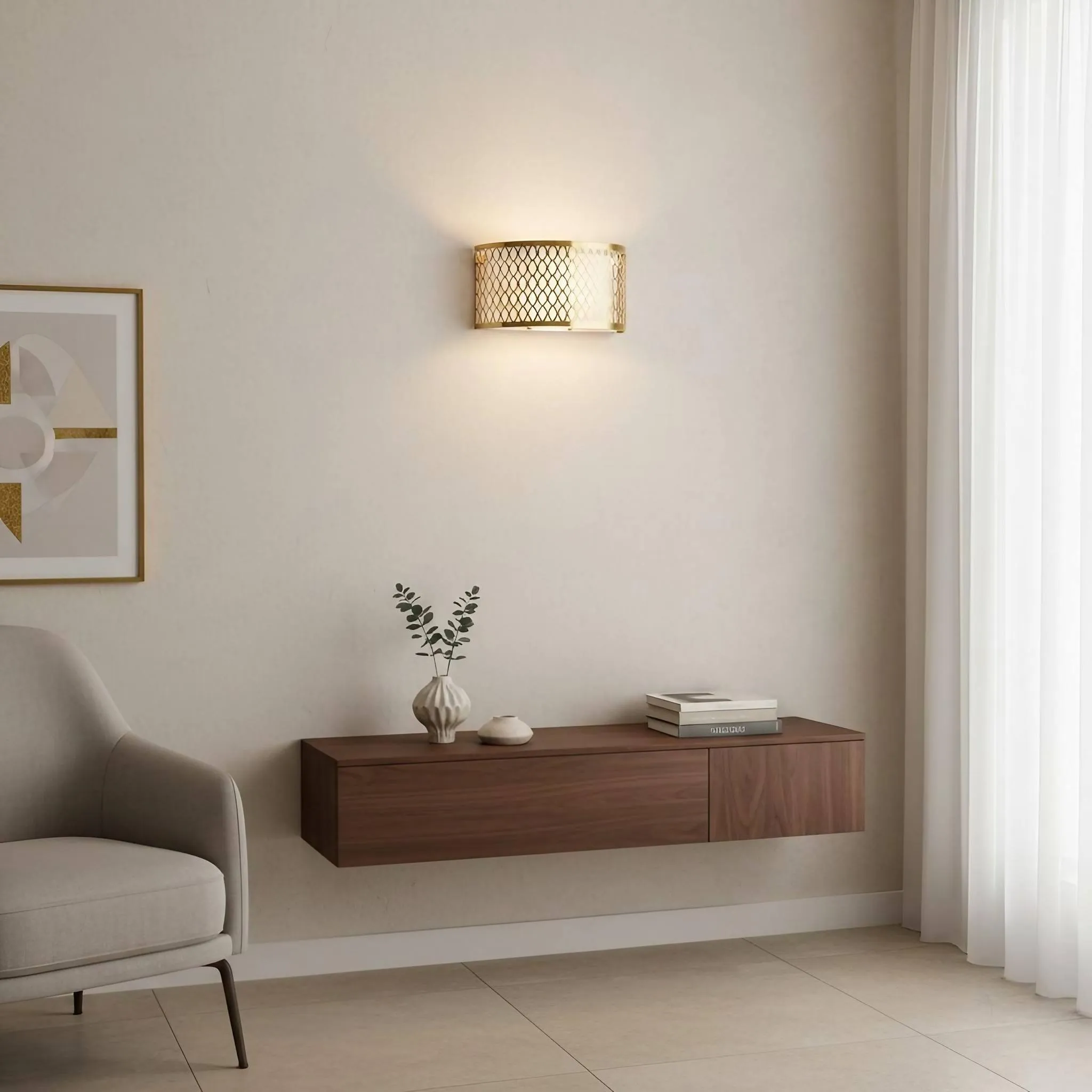 Liorin Fretwork Wall Light - Modern Curved Metal and Fabric Shade Sconce for Hallway or Bedroom KL1949