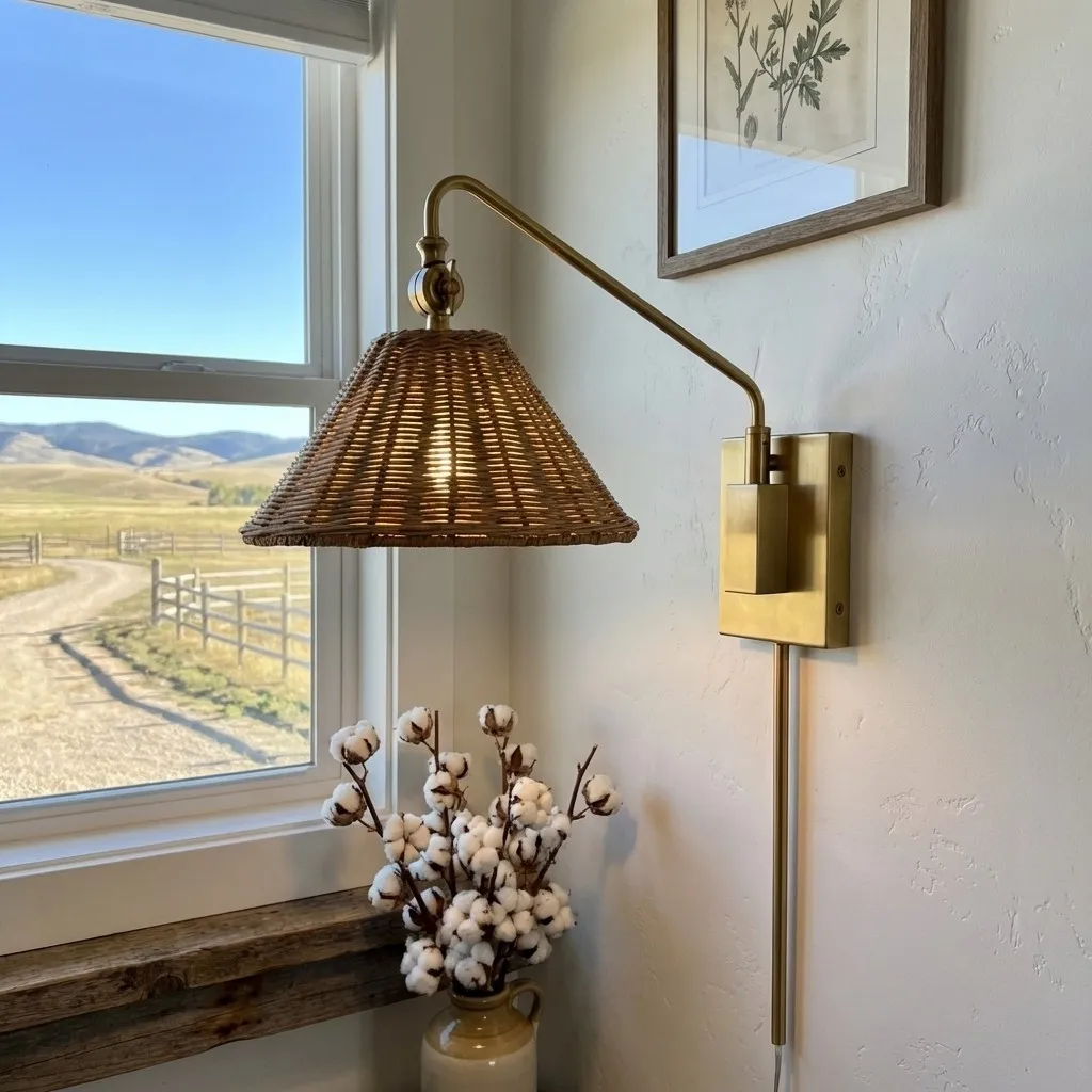 Welanery Swing Arm Rattan Wall Sconce - Farmhouse Style Lamp for Bedside Reading KL2372