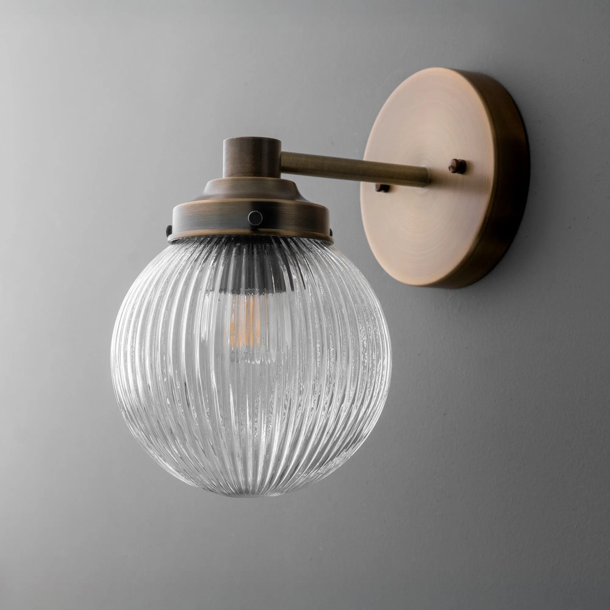 Glorica Glass Aged Brass Wall Sconce - Ribbed Glass Shade Industrial Style Lighting KL1518