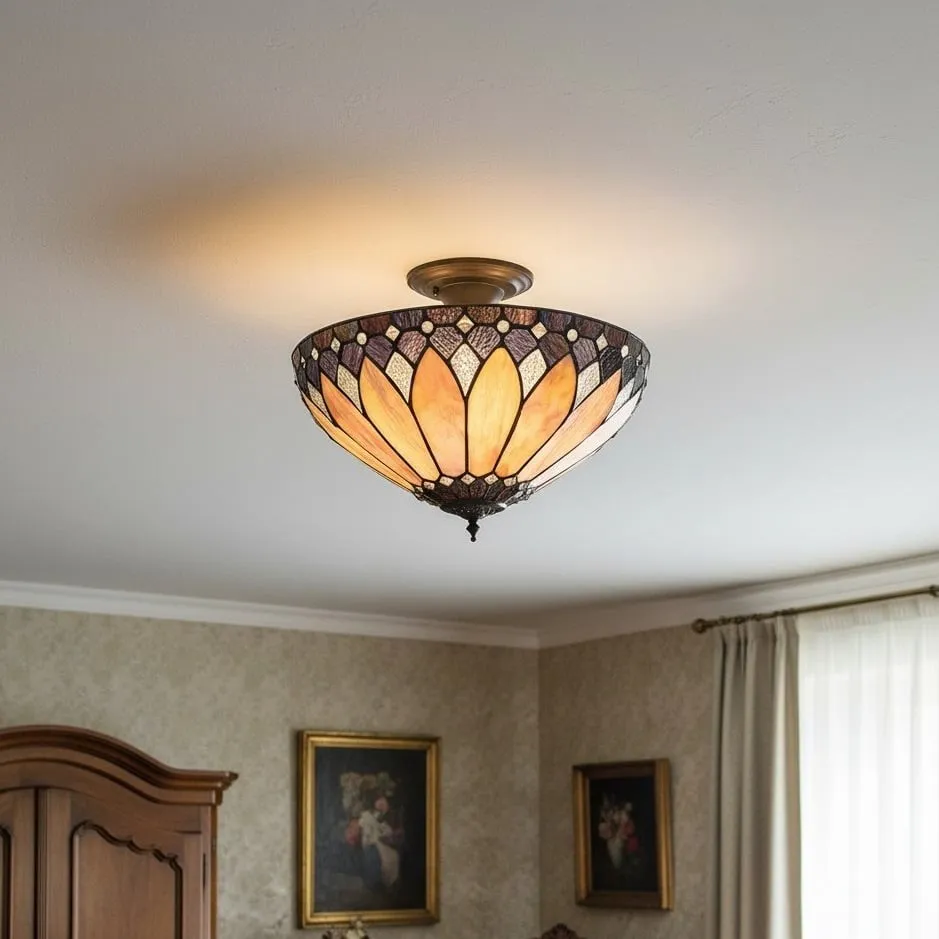 TF Brooklyn Tiffany Semi-flush Ceiling Light - Geometric Glass Shade for Hallways or Living Rooms KL2000