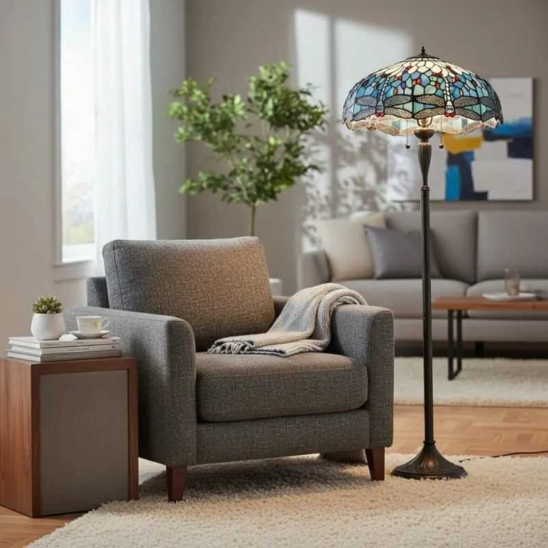 TiffStar Art Glass Floor Lamp with Ornamental Pattern Shade - Standing Light for Living Rooms KL1895