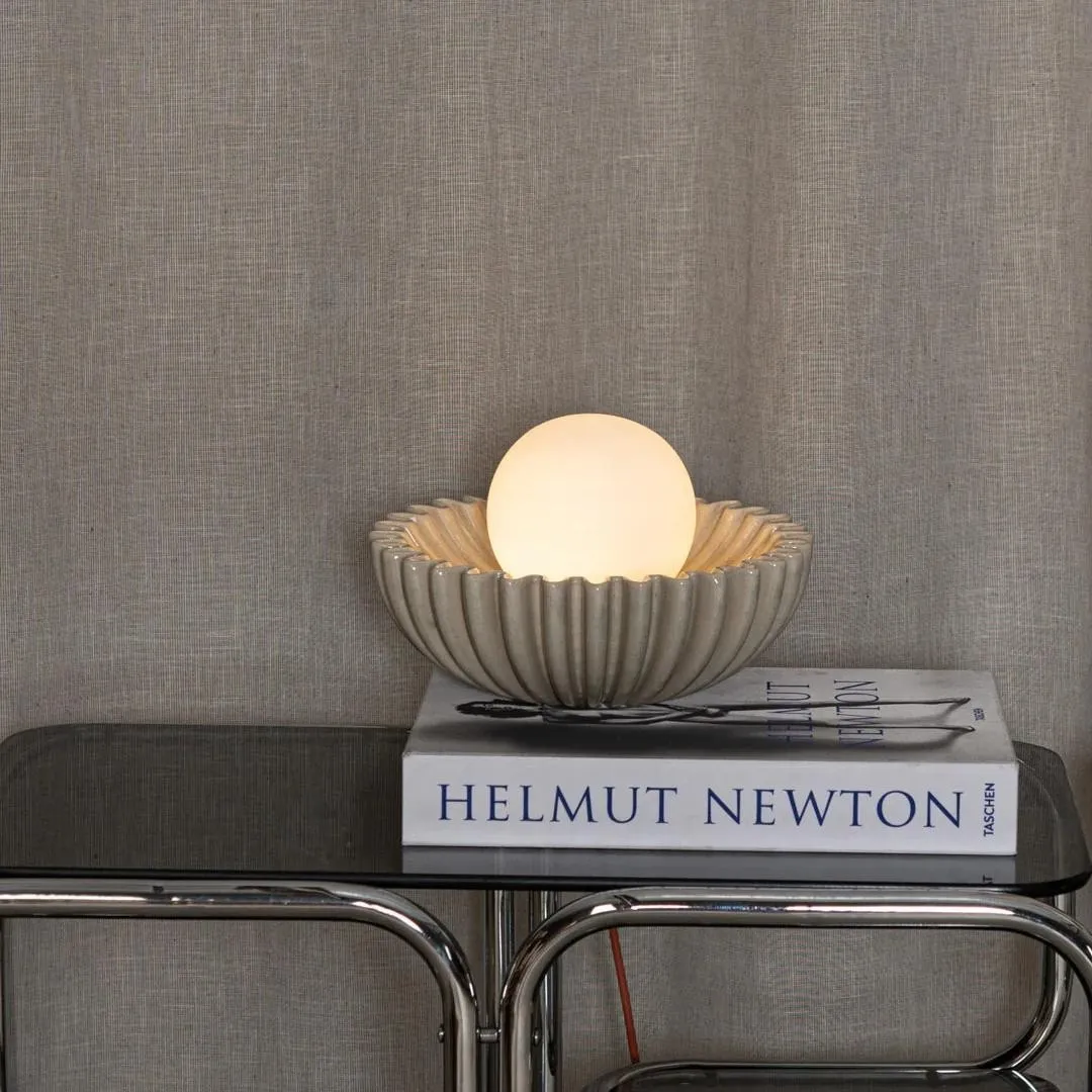 Sculptural Ceramic Table Lamp – Ceramic Shell Form with Milky Glass Orb KL1595