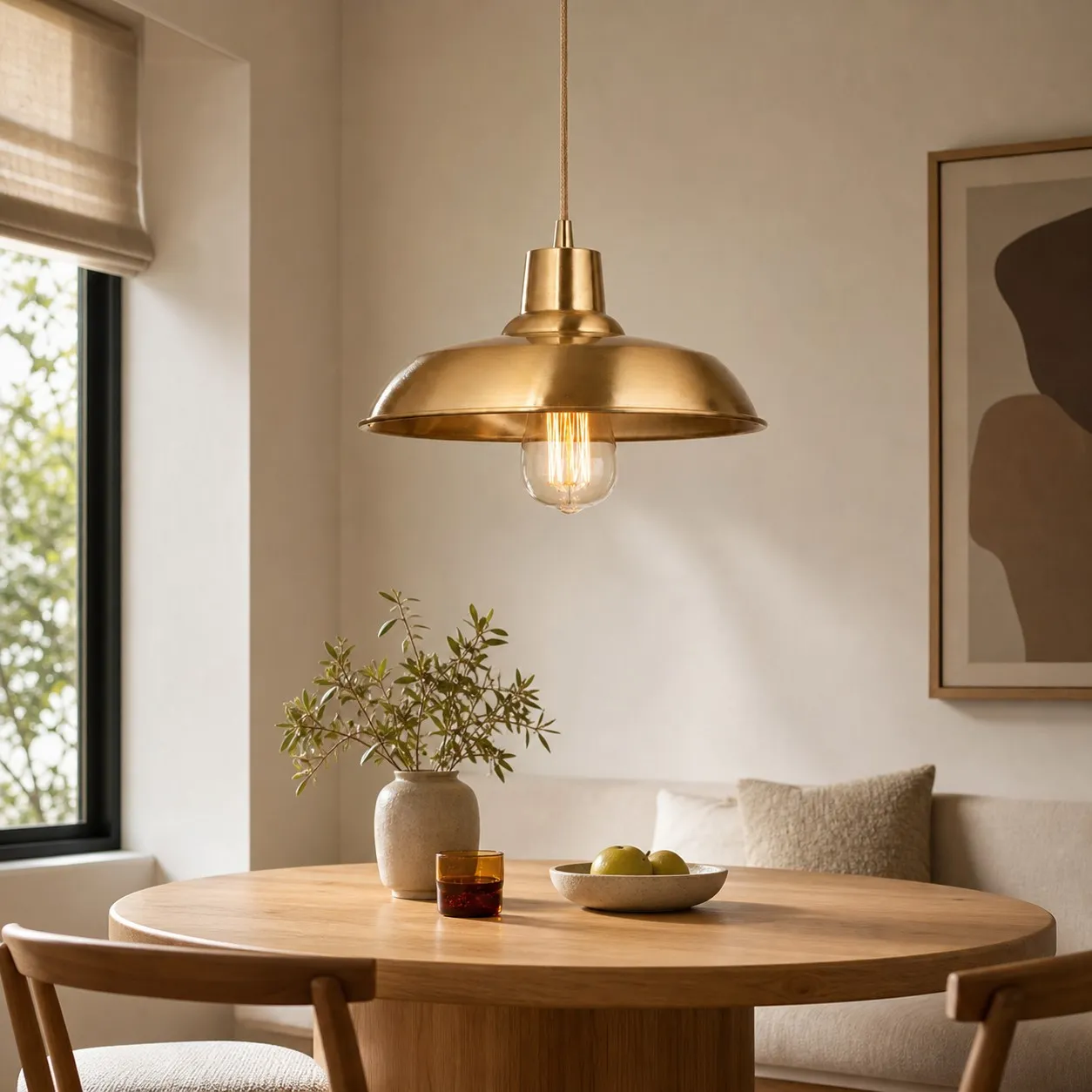 Brass pendant light in a dining nook