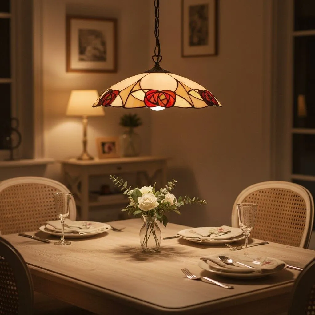 TF Ingram Tiffany Pendant Light - Vintage Handcrafted Stained Glass Floral Shade for Dining Room KL1986
