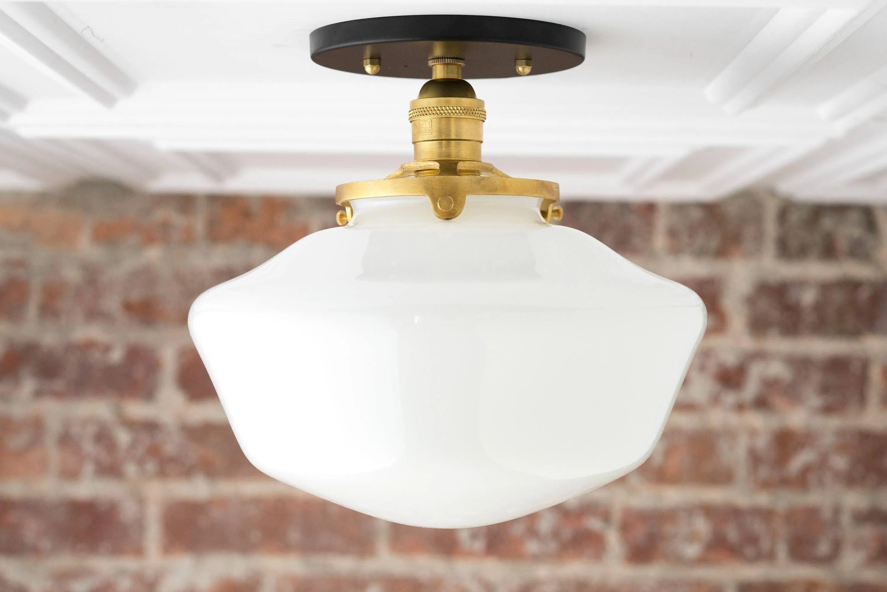 Geotower Glass Brass Ceiling Light - Opal Glass Schoolhouse Shade - Modern Elegance KL1508