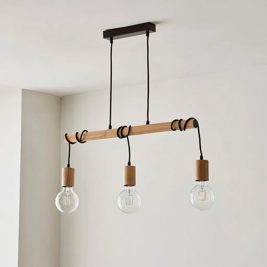 Virell Adjustable Linear Pendant Light - 3‑Bulb Wooden and Metal Design for Kitchen Island or Office KL1821