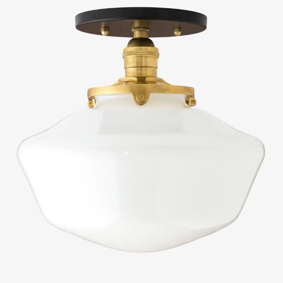 Geotower Glass Brass Ceiling Light - Opal Glass Schoolhouse Shade - Modern Elegance KL1508