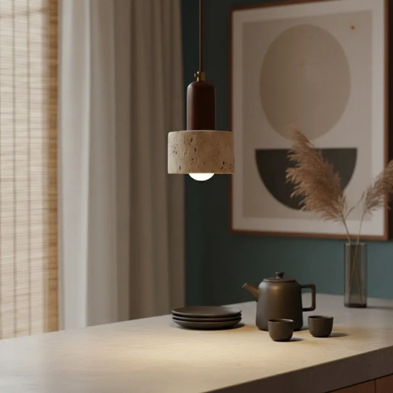WabiLum Minimalist Japanese Travertine Wood Pendant Light - Elegant Home Lighting for Bedroom KL2241