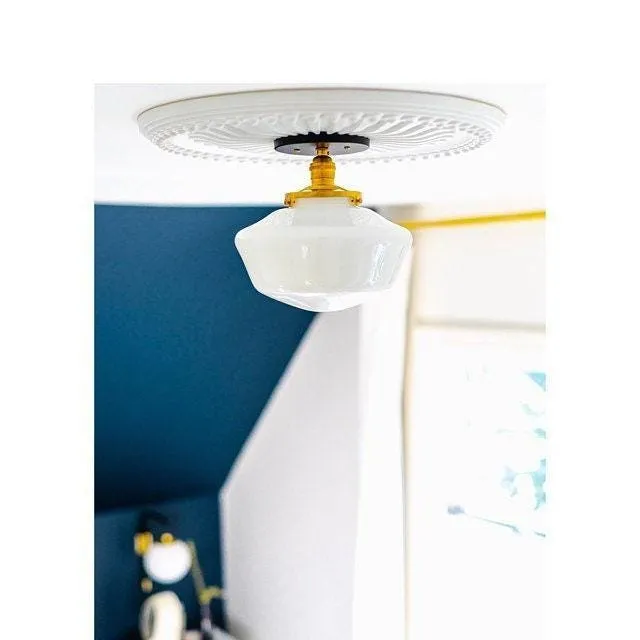 Geotower Glass Brass Ceiling Light - Opal Glass Schoolhouse Shade - Modern Elegance KL1508