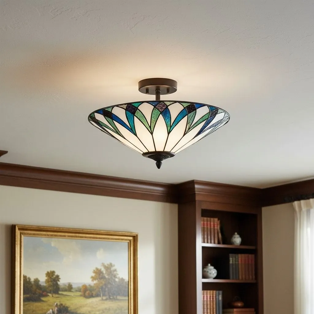 TF Allanton Tiffany Semi Flush Ceiling Light - Art Nouveau Patterned Shade for Living or Dining KL1961