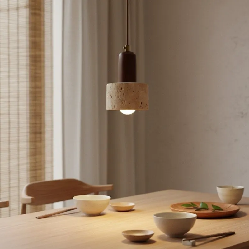 WabiLum Minimalist Japanese Travertine Wood Pendant Light - Elegant Home Lighting for Bedroom KL2241