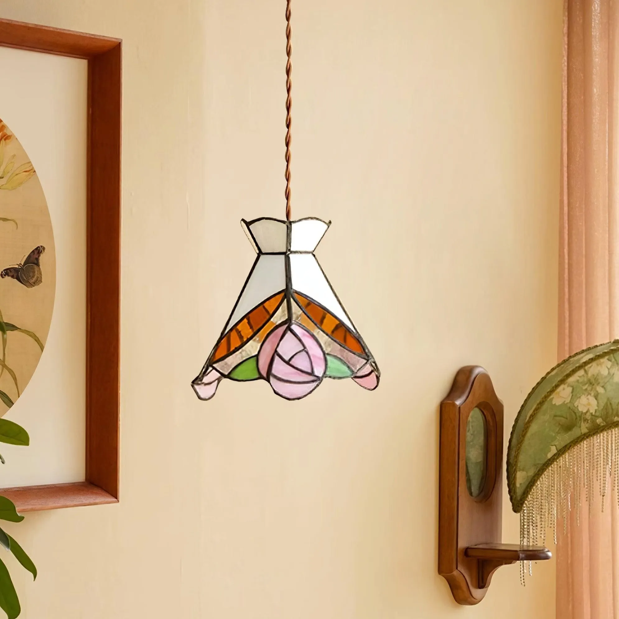 French Retro Rose Stained Glass Pendant Lamp KL690