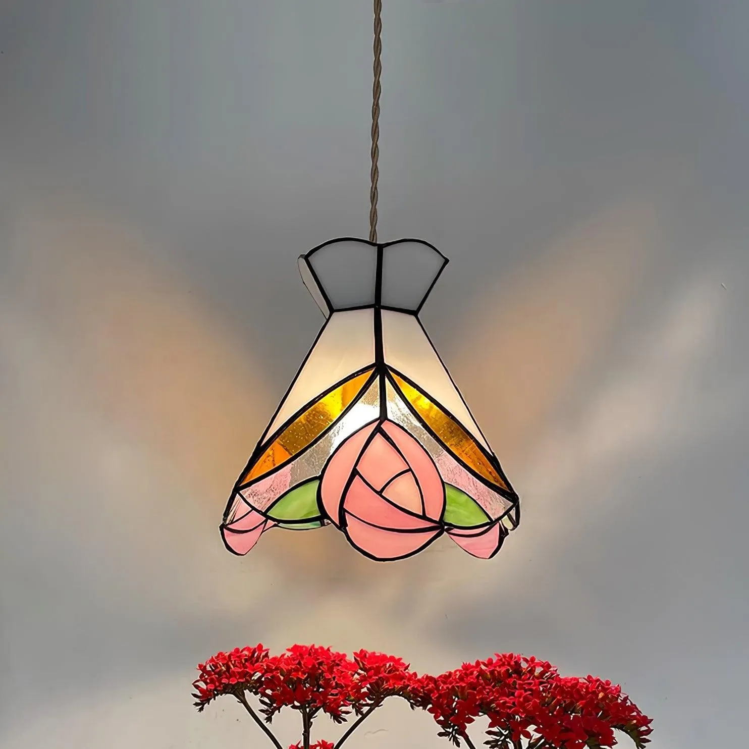 French Retro Rose Stained Glass Pendant Lamp KL690
