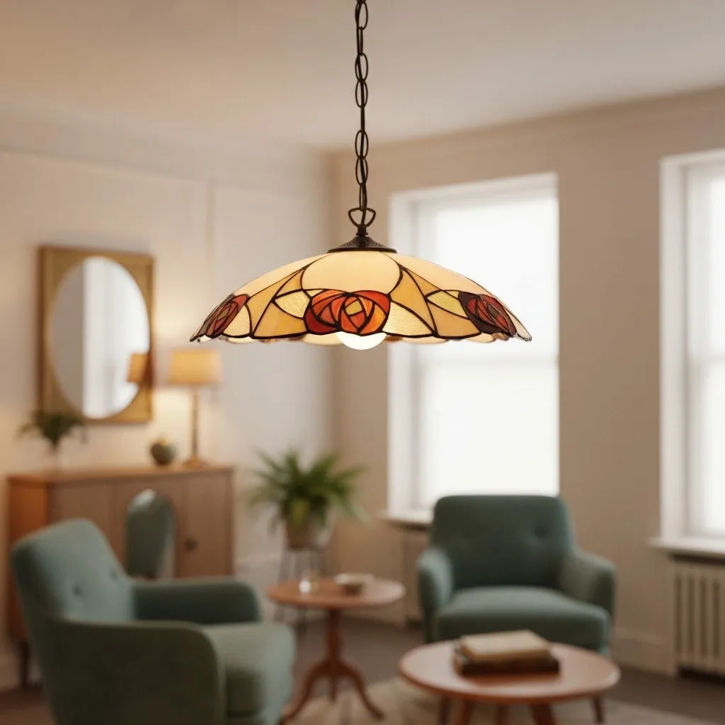 TF Ingram Tiffany Pendant Light - Vintage Handcrafted Stained Glass Floral Shade for Dining Room KL1986