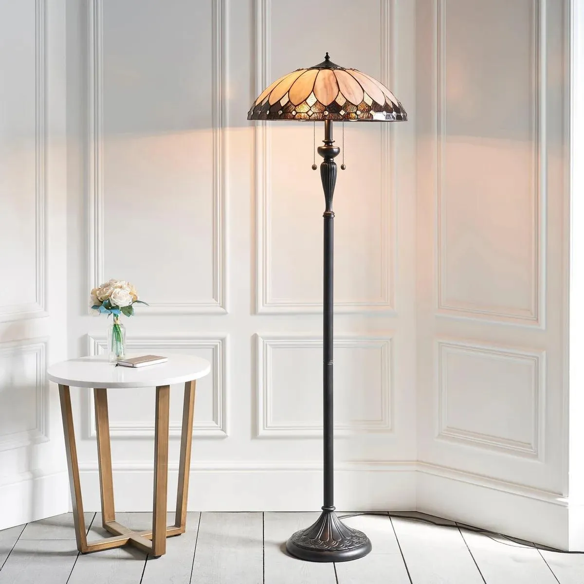TF Brooklyn Geometric Art Deco Tiffany Floor Lamp - Stained Glass Shade and Satin Black Base for Living Room KL1838