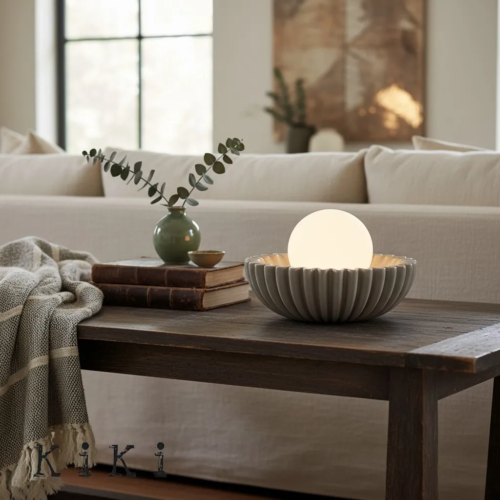 Sculptural Ceramic Table Lamp – Ceramic Shell Form with Milky Glass Orb KL1595