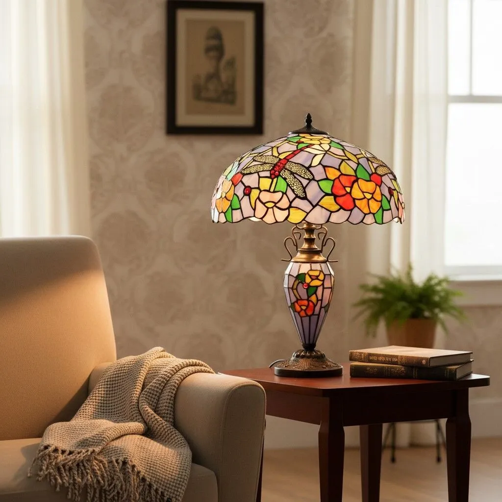TF Keswick Dragonfly Tiffany Table Lamp - Handcrafted Stained Glass Shade for Living Room or Bedroom KL1890