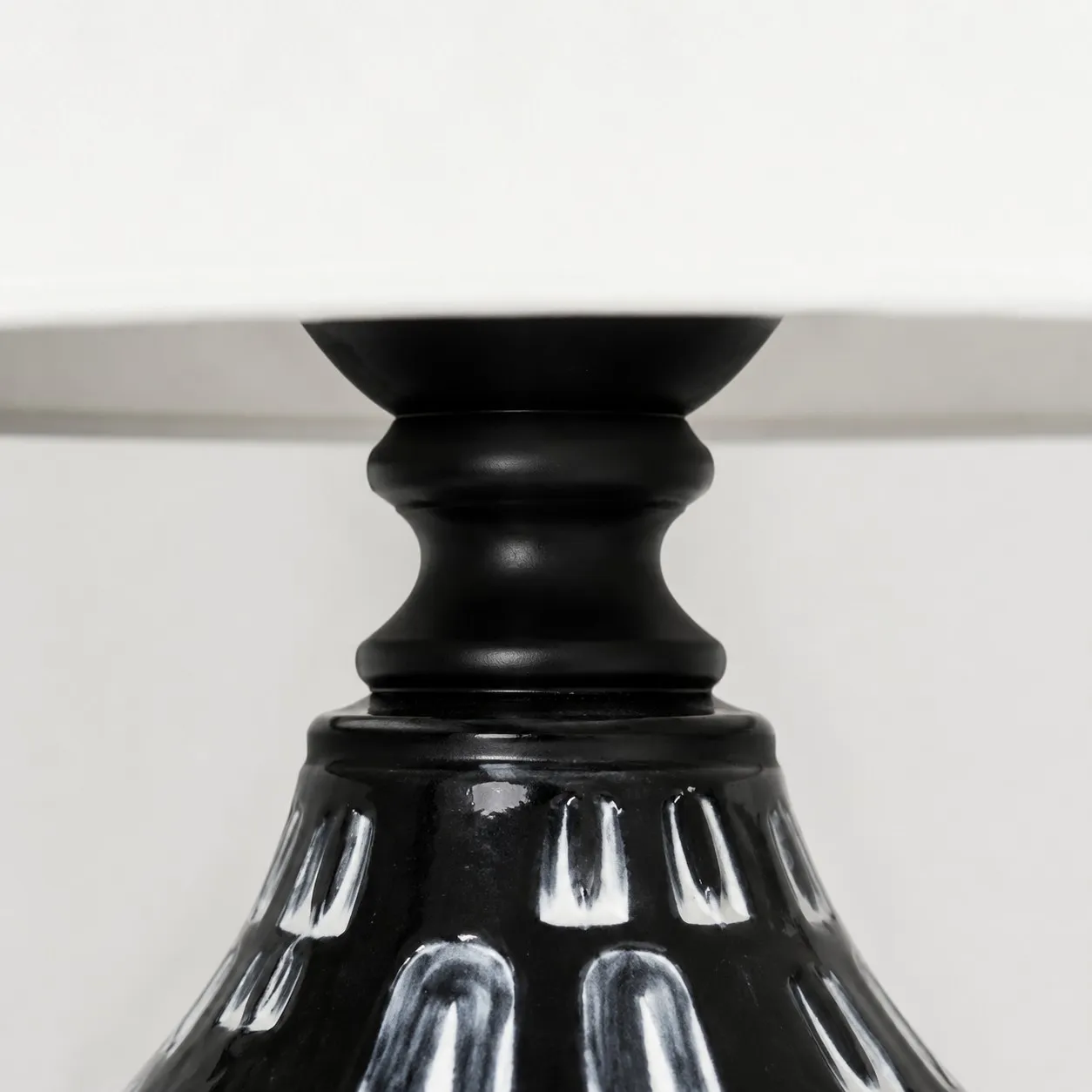 Glossy black ceramic neck detail on table lamp