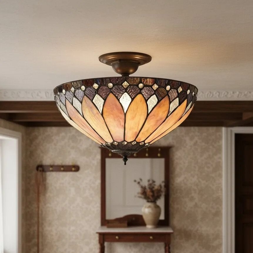 TF Brooklyn Tiffany Semi-flush Ceiling Light - Geometric Glass Shade for Hallways or Living Rooms KL2000