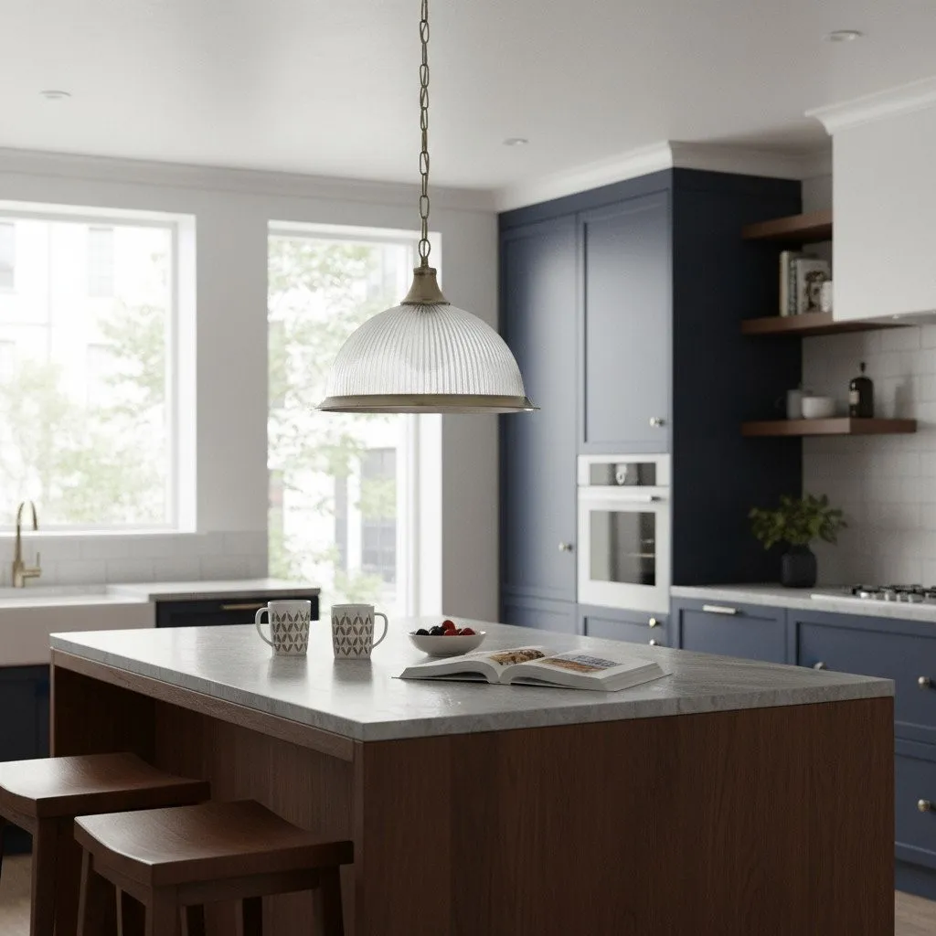 TF Vintora Ribbed Glass Pendant Light - Elegant Metal Trim for Kitchens, Dining Areas and Hallways KL1978