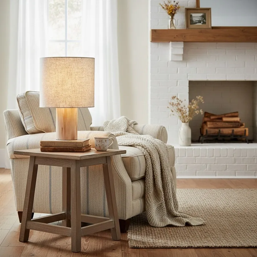 Linemora Simple Wooden Base Table Lamp - Natural Linen Cylindrical Shade for Living Room and Bedroom KL1939