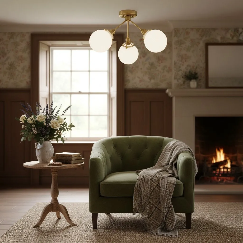 Glorica Glass Chandelier - Brass Globe Ceiling Light with Opal Shade KL1441