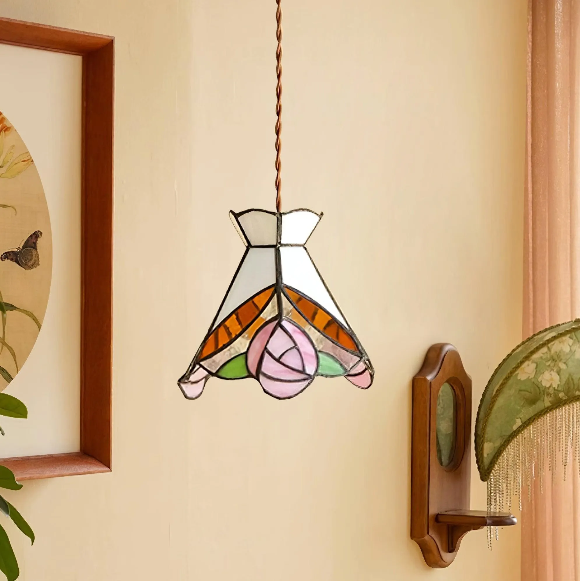 French Retro Rose Stained Glass Pendant Lamp KL690