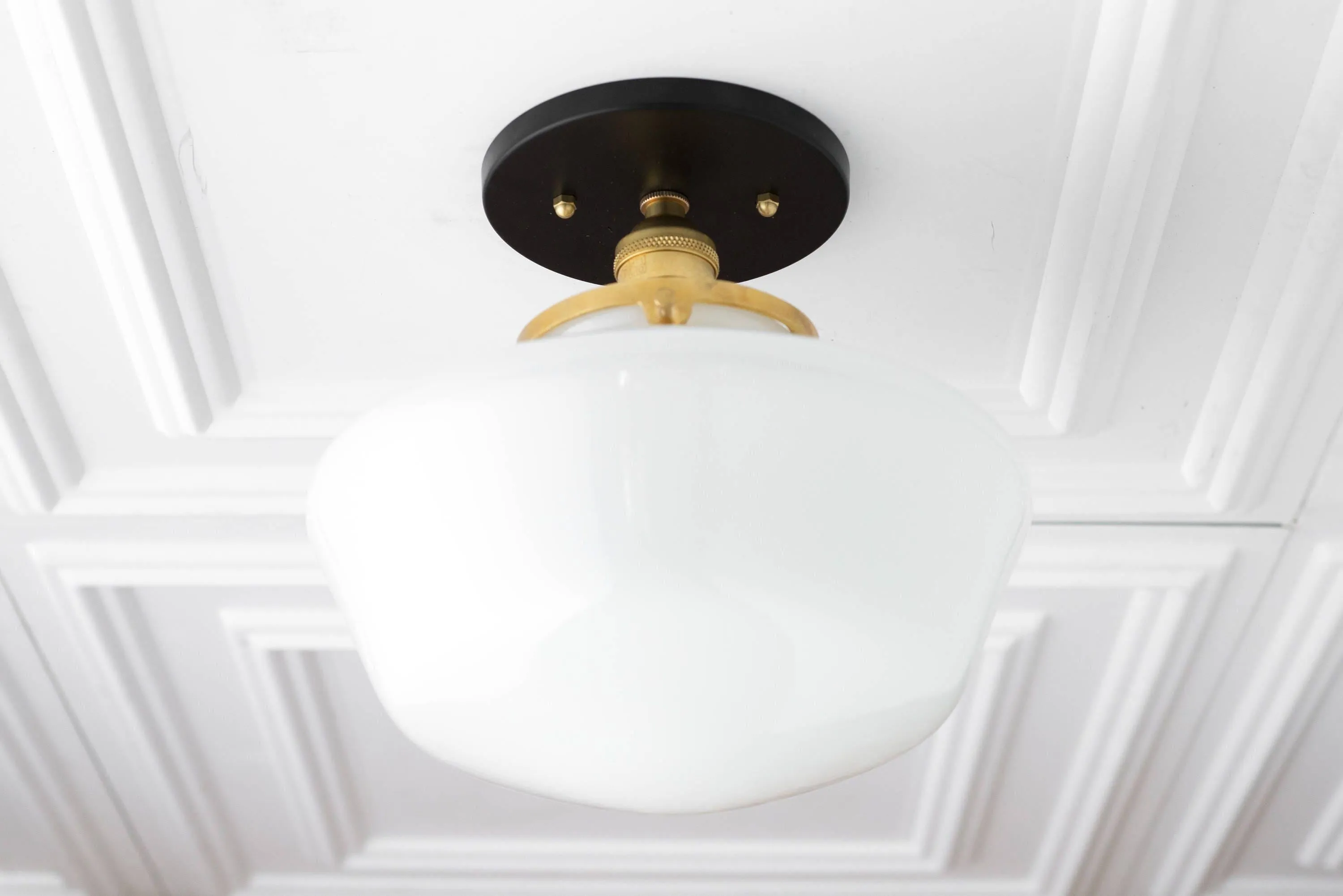 Geotower Glass Brass Ceiling Light - Opal Glass Schoolhouse Shade - Modern Elegance KL1508