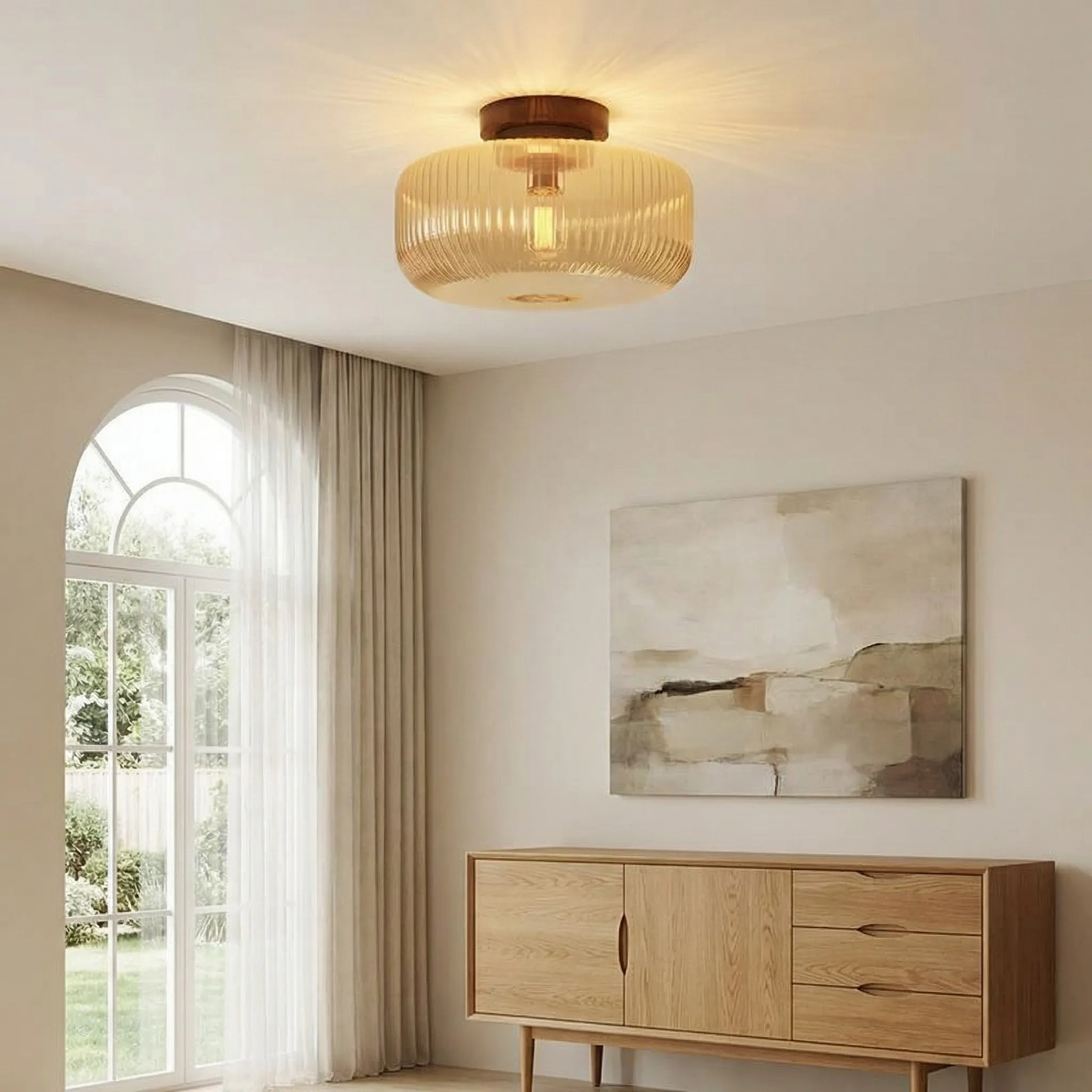 Amberflow Ribbed Glass Ceiling Light - Rustic Modern Lamp for Living Room or Entryway KL2231