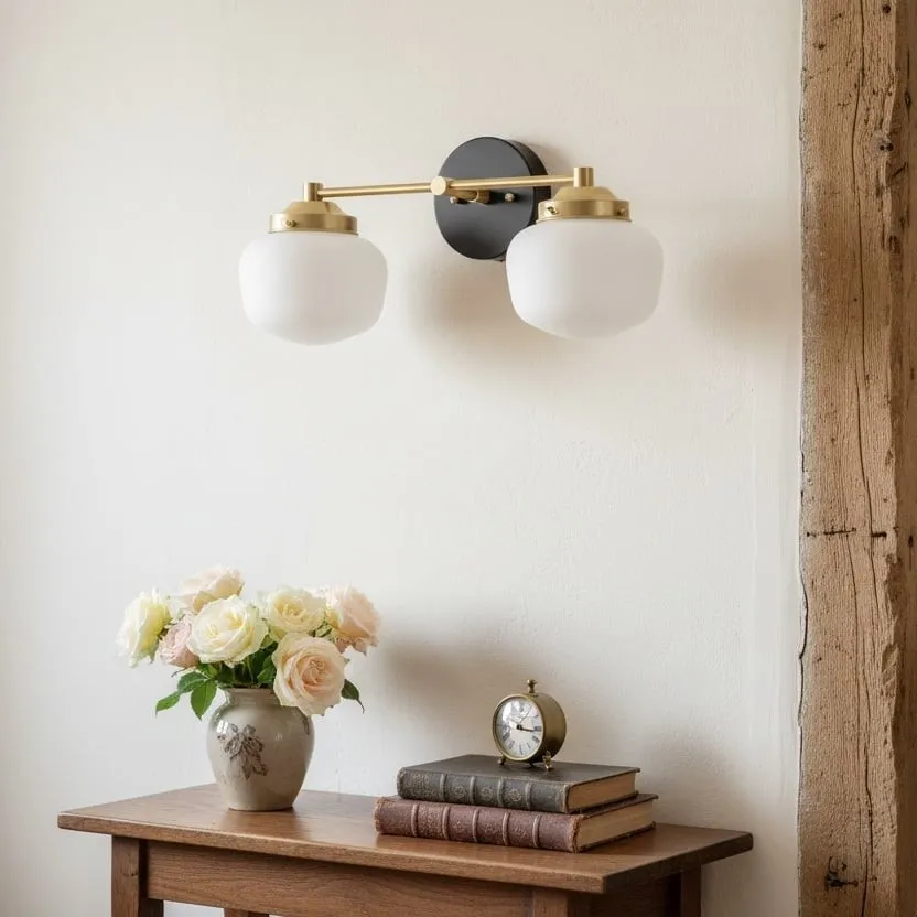 Opalume Glass Art Deco Vanity Light - Bathroom Wall Sconce with White Glass Shades KL1403