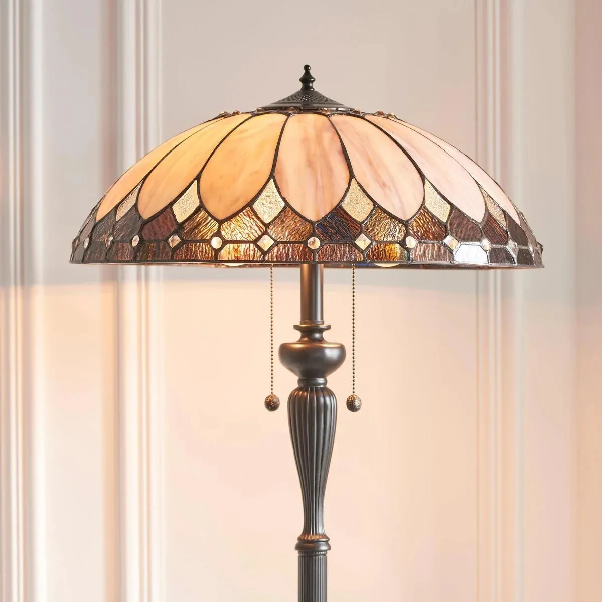 TF Brooklyn Geometric Art Deco Tiffany Floor Lamp - Stained Glass Shade and Satin Black Base for Living Room KL1838