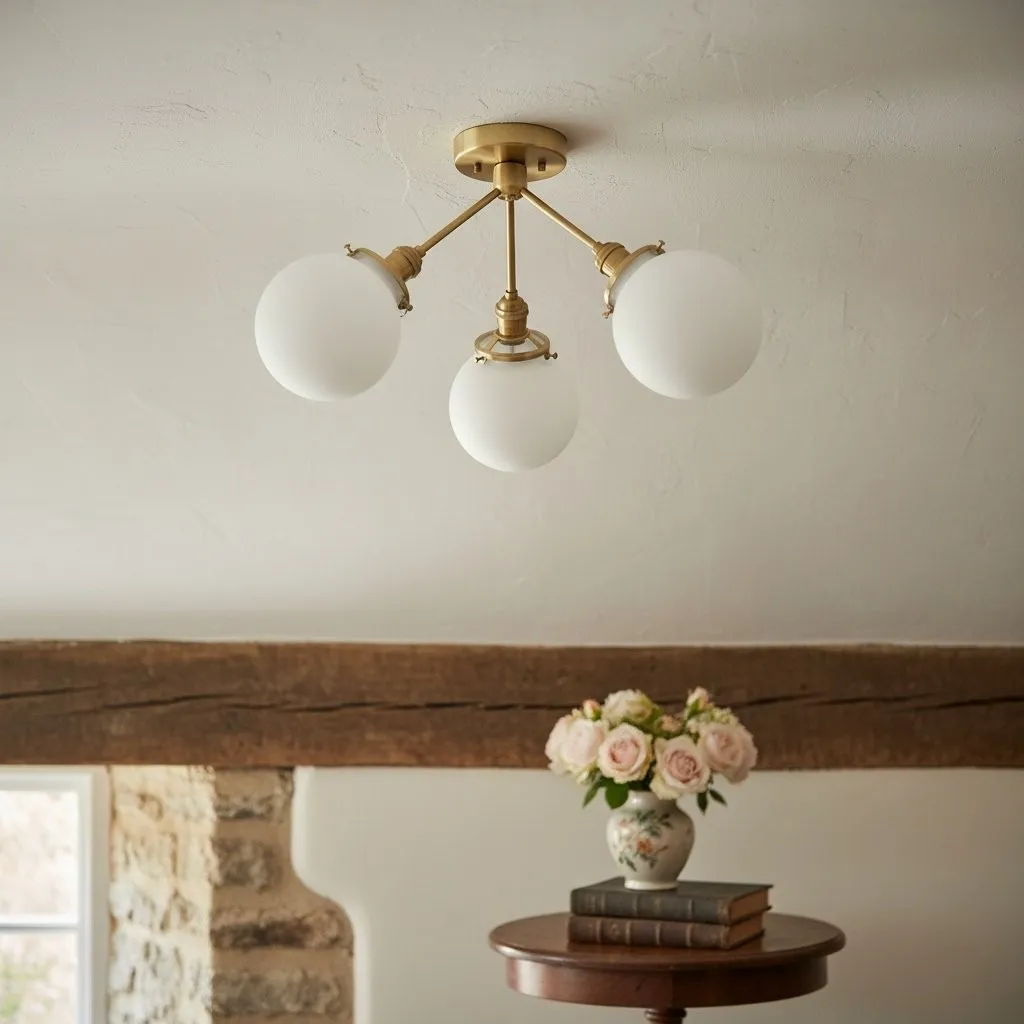 Glorica Glass Chandelier - Brass Globe Ceiling Light with Opal Shade KL1441
