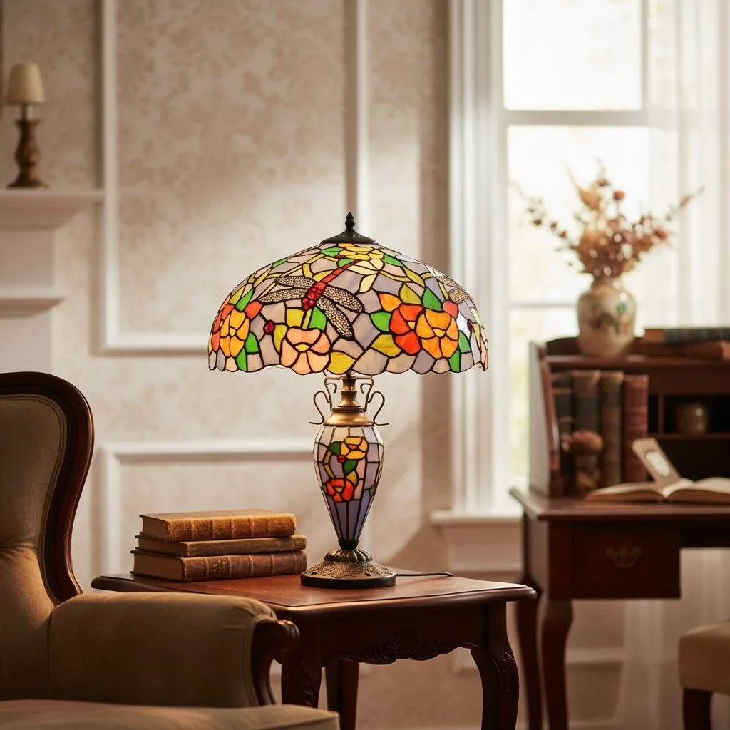 TF Keswick Dragonfly Tiffany Table Lamp - Handcrafted Stained Glass Shade for Living Room or Bedroom KL1890