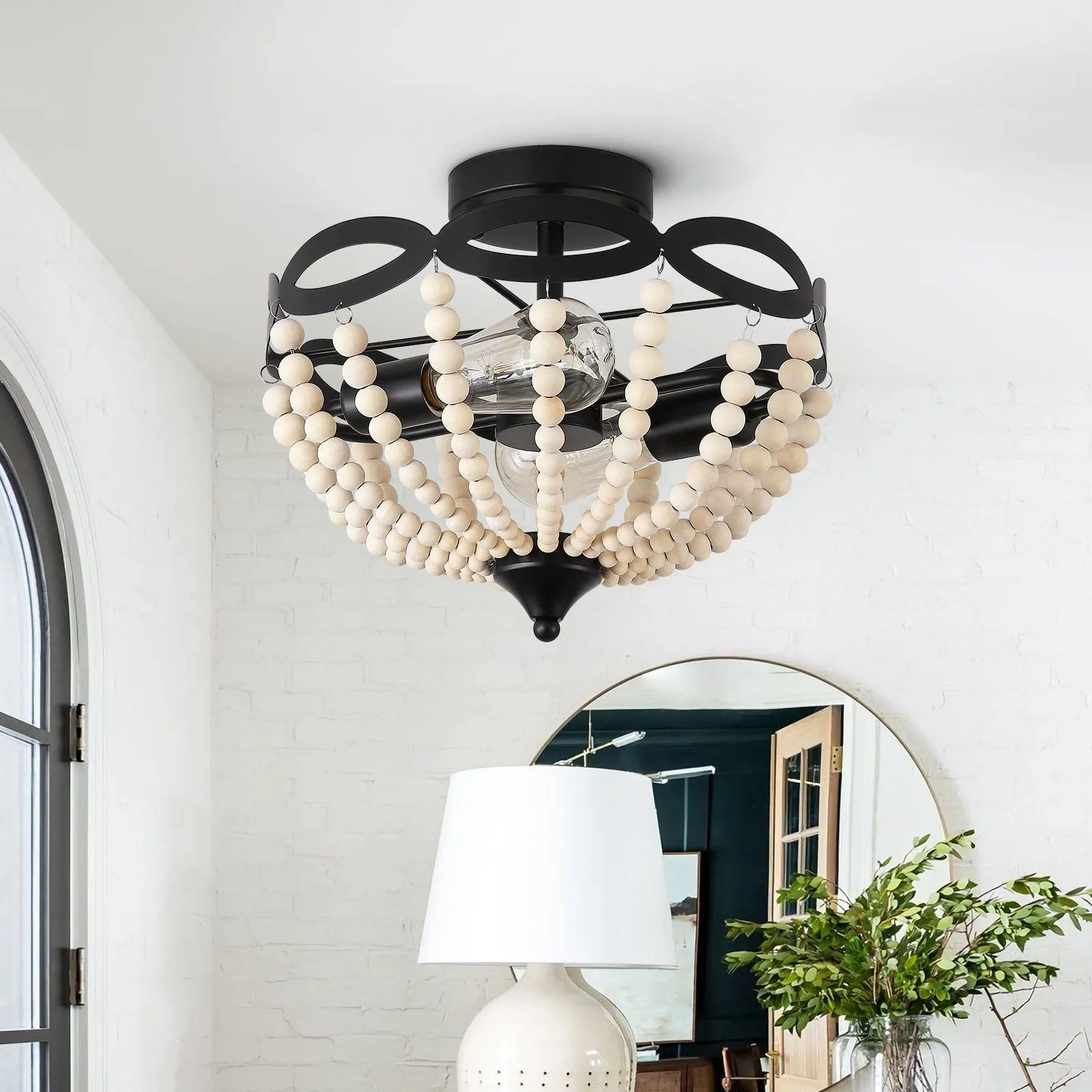 Retro Rustic Metal Wooden Beads Ceiling Lamp KL82